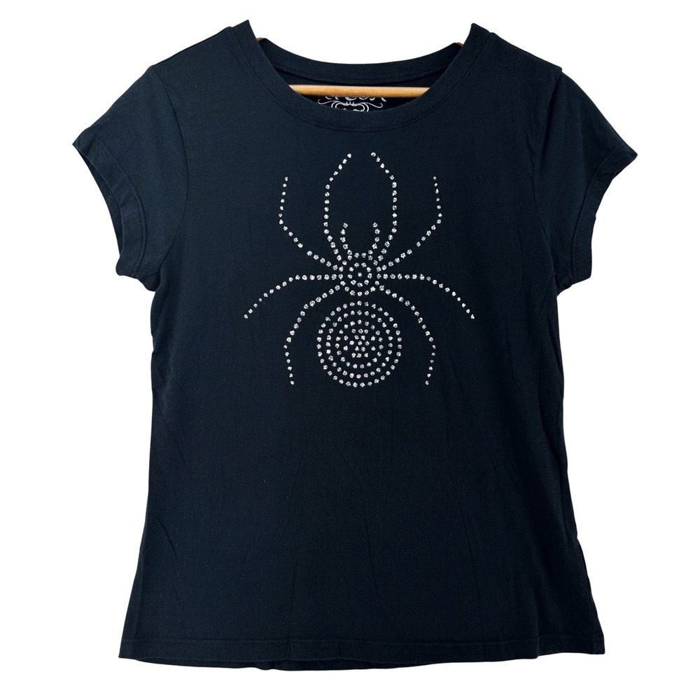 Y2K Ransom Spider Glitter Short Sleeve T-Shirt Black Womens L Halloween Gothic